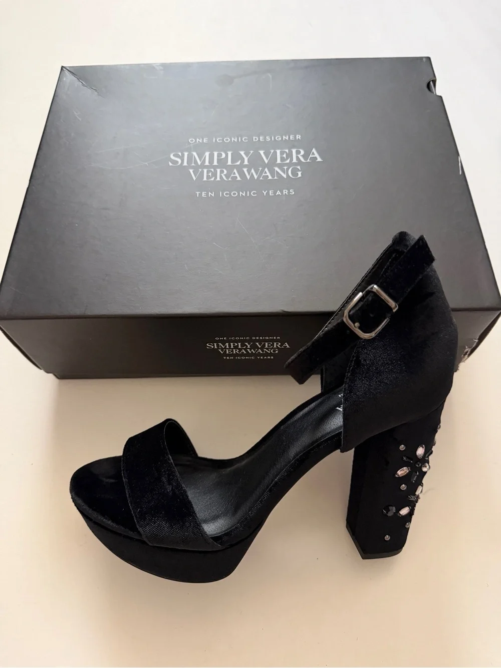 Simply VW Velvet Platform Block Heels with Jewel Accents